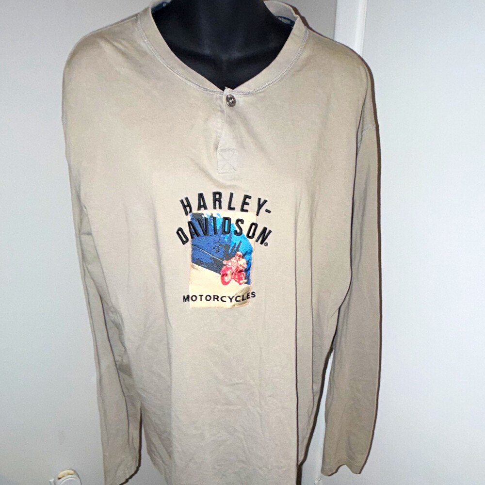 Vintage Harley Davidson Henley Shirt XL Long Sleeve Graphic Tan Beige 90s